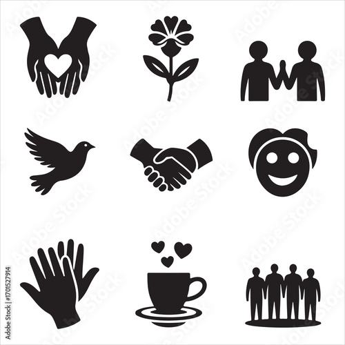 world kindness vector art ico pack silhouette icon set bandle banner black and white backgrount