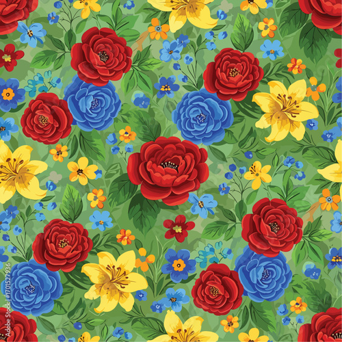 Wallpaper Mural Vibrant floral pattern with red roses, blue blossoms and yellow lilies design, patern seamless, Stock royalty free. Torontodigital.ca