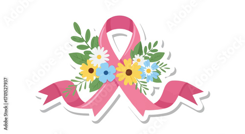 Pink Ribbon with Floral Decoration for Breast Cancer Awareness - Support, Hope, and Prevention
