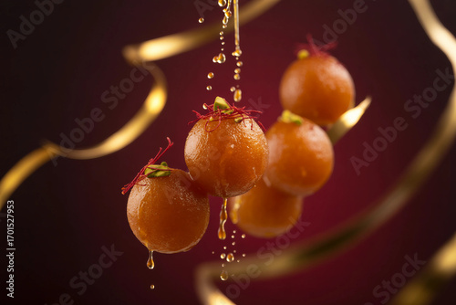 Luxury Indian Dessert Gulab Jamun Floating with Syrup Droplets and Pistachio Garnish