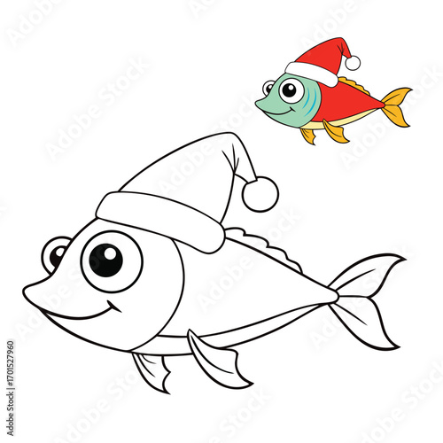 A cheerful Christmas fish wearing a Santa red hat, ready to bring underwater holiday joy. Fun and festive coloring page for kids and adults to enjoy the season.
