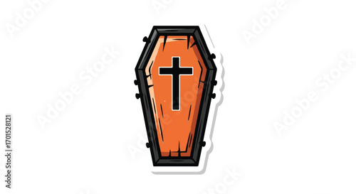Isolated vector illustration of an orange cartoon coffin sticker with a black cross, a spooky gothic icon for Halloween holiday designs on a white background
