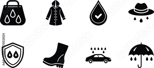 Collection of waterproof icons including a bag, raincoat, drop, hat, shield, boot, car, and umbrella isolated on transparent background