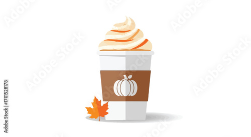 Charming flat design illustration of a popular autumn beverage in a disposable cup, featuring a creamy whipped topping, a sweet pumpkin motif, and a vibrant fall leaf