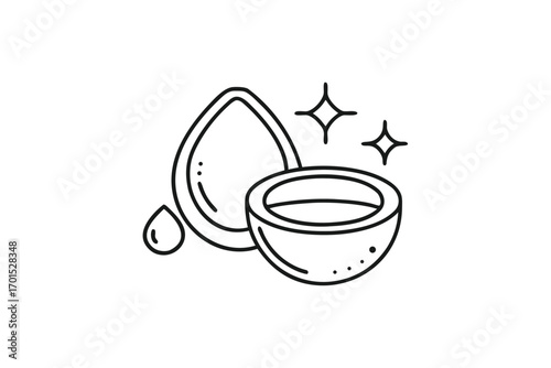 Coconut Halves with Oil Drop and Shine on White Background Icon Style