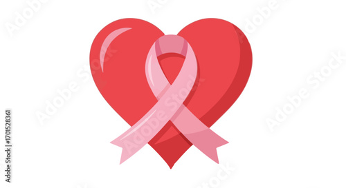 Pink ribbon over a red heart representing the fight against breast cancer. An icon of support, love, and awareness for health campaigns