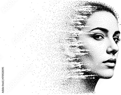 Digital stipple art with abstract, spray-like grain. Vectorized monochrome texture over white background.