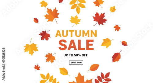 Vector illustration of an autumn sale banner with colorful maple leaves forming a circular frame for promotional text