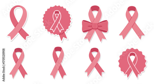 A versatile collection of pink ribbon symbols for breast cancer awareness, presented as a vector illustration set with various designs