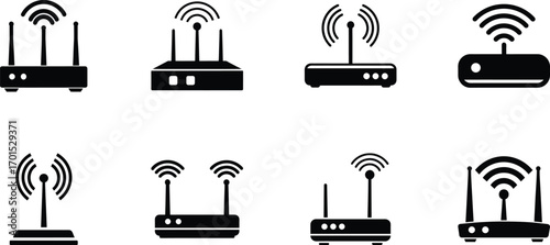Eight different icons of wireless routers with wifi signals, presented in black and white on a transparent background