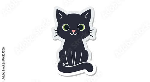 Elegant Black Cat Illustration with Bright Green Eyes, Whiskers and Curled Tail