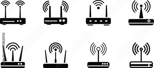 Collection of eight black and white icons representing various wireless routers and wifi signals, isolated on a transparent background