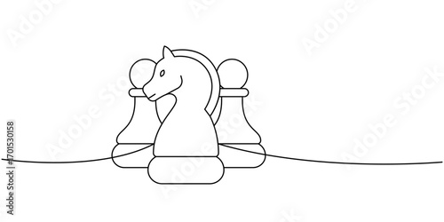 Minimalist chess line art of knight with two pawns, elegant black outline drawing for coloring books and strategy art projects