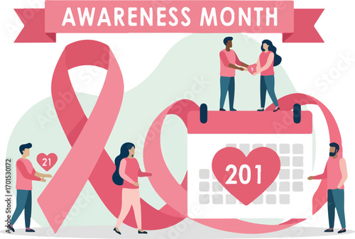 Commemorating Awareness Month A community comes together, symbolizing support and advocacy with a prominent pink ribbon and calendar, fostering health education and collective action