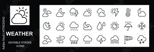 Weather icon set. Containing temperature, sun, rain, UV, snow, cloud, humidity, summer, winter, spring, cloudy and rainy season. Climate symbol. 