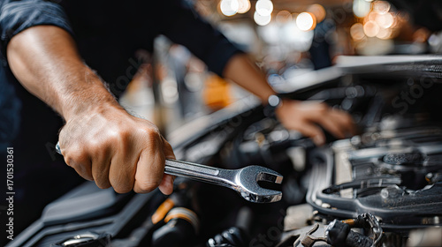 Car repair wrench mechanic hand engine workshop automobile maintenance tool vehicle close up metal fixing service industrial