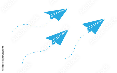 Bright blue paper airplanes flying with dashed paths. Vector of playful flight in motion