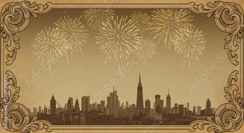 City skyline with fireworks above in vintage style  