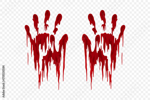 Melting horror blood hands. Red dripping prints on transparent background