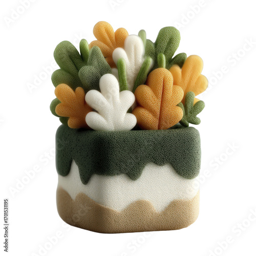 Stylized abstract botanical arrangement with textured leaves in a layered pot