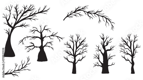 silhouette of Autumn naked trees collection set. Vector element for falls, winter, spooky, horror and Halloween theme illustration