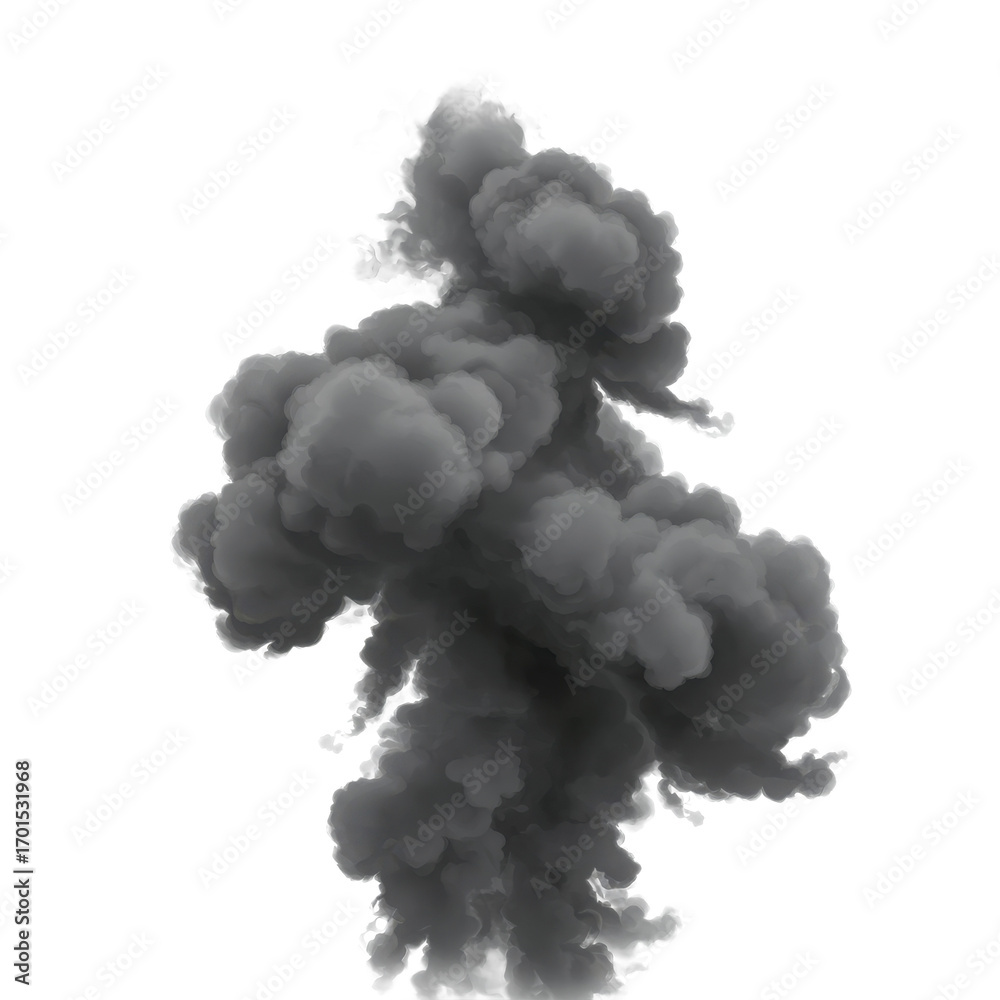 A billowing cloud of dark gray smoke against a white background.