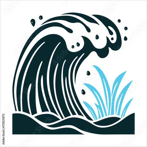 Stylized Wave Cresting Over Seaweed Illustration Tidal Herbs A wave cresting over a seaweed stalk droplets splashing upward