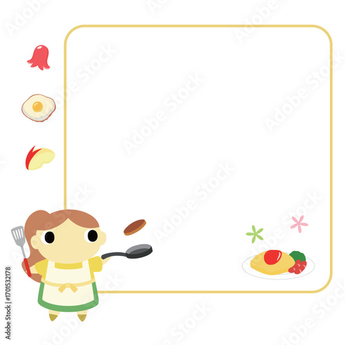 料理をするエプロン姿の女性　フレーム＋装飾付