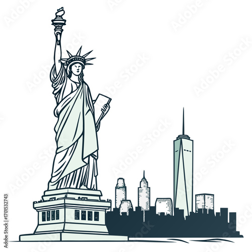 Illustration of the statue of liberty and the new york city skyline a symbol of freedom and democracy, this iconic landmark represents the united states