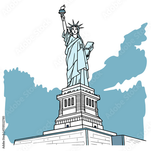 Vector art of statue of liberty illustration, a symbol of freedom and democracy, standing tall against a backdrop of clouds, representing the iconic landmark of new york city
