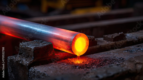 Molten metal pouring from heated steel pipe in industrial foundry with glowing orange heat and dark textured surface