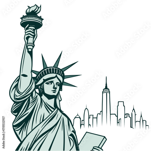 Vector art of statue of liberty with the new york city skyline in the background, a symbol of freedom and democracy, representing the american dream and the welcoming spirit of the united states