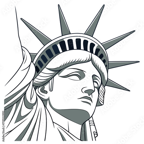 Vector art of closeup illustration of the statue of libertys head, showcasing its iconic crown and serene expression, a symbol of freedom and democracy in america