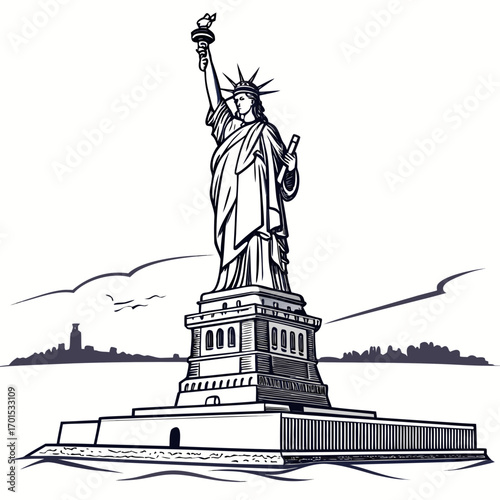 Vector art of statue of liberty line art illustration, a symbol of freedom and democracy, representing new york city and american culture and history