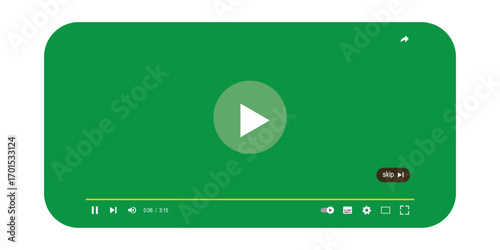 Multimedia video player for web and mobile apps. Chat video frame in flat style. Play video window with navigation icons, play button icon. Vector illustration on a transparent background.