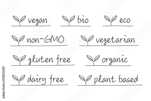 vegan, bio, eco, non-GMO, vegetarian, gluten free, organic, dairy free, plant based vector label icon Stickers