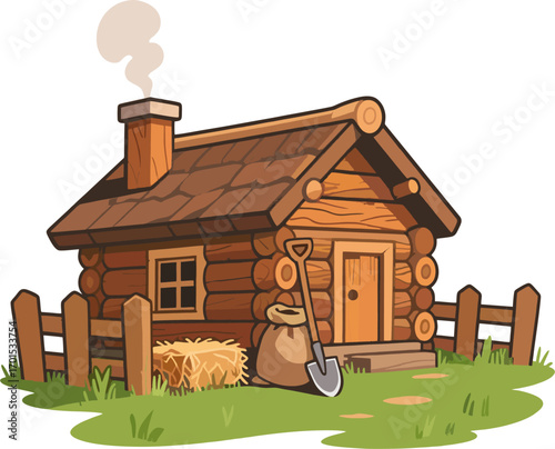 Rustic Wooden Log Cabin .epsCartoon Log Cabin House with Fence, Chimney, Shovel, and Hay – Rustic Wooden Cottage Vector Illustration