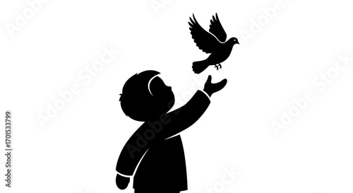Child's Hope Silhouette of a Boy Releasing a Dove into the Sky, Symbolizing Freedom and Peace