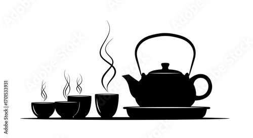 Black silhouette of a tea set with steaming cups and a teapot on a tray, representing a traditional tea ceremony