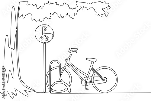 Single continuous line drawing mini bike parked in bike parking lot and big tree. Typical view during holidays. Cycling to the park. National Public Gardens Day. One line design vector illustration