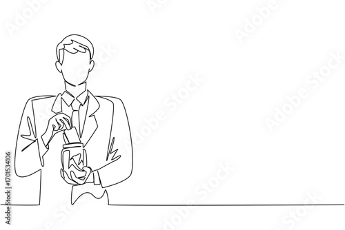 Continuous one line drawing a man in a suit and tie puts banknotes into a jar. Collected and then donated. Sharing. Donate a Wages of Day To Charity Day. Single line draw design vector illustration