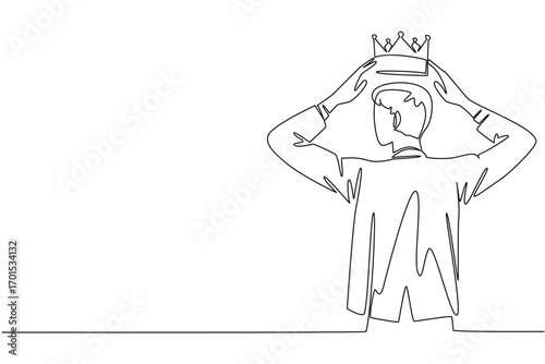 Single one line drawing a man in a suit puts a crown on his head. Pride that will become a beautiful history. A true winner. Success. Reward Yourself Day. Continuous line design graphic illustration
