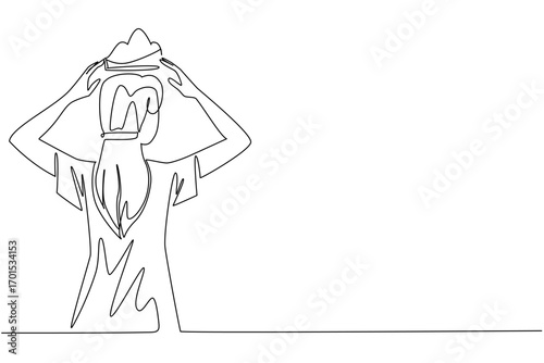 Single continuous line drawing a woman dressed in casual clothes puts a crown on her head for herself. Raise the level with success. Award. Reward Yourself Day. One line design vector illustration