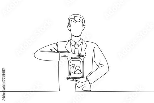 Single continuous line drawing a man in a suit and tie holds a large jar filled with dollar bills. A lot has been collected. Donate a Wages of Day To Charity Day. One line design vector illustration