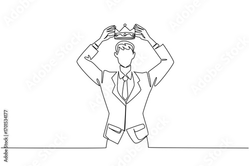 Continuous one line drawing a man in a suit and tie puts a crown on his head. Just acknowledge the own greatness. Excessive narcissism. Reward Yourself Day. Single line draw design vector illustration
