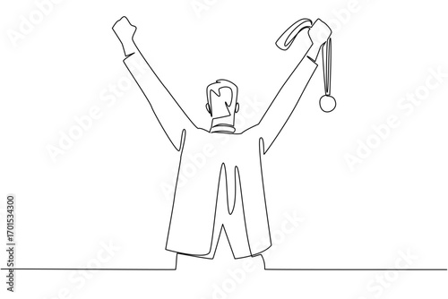 Continuous one line drawing a man in a suit raises both hands and holds a medal. Recognition of work results. Successful business. Reward Yourself Day. Single line draw design vector illustration