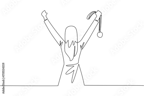 Single one line drawing a woman in casual clothes raised both hands and held a medal. Self pride. Sign of fighting to the max. Success. Reward Yourself Day. Continuous line design graphic illustration