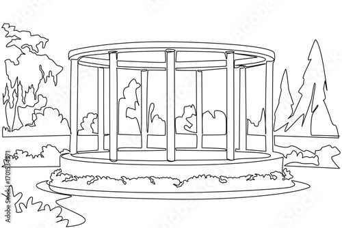 Single one line drawing public garden with paths, pillars and garden circles. The view is like the imperial era. Historical. National Public Gardens Day. Continuous line design graphic illustration