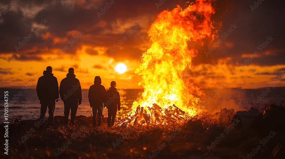 Fototapeta premium Silhouetted figures gather around a large bonfire on a beach at sunset
