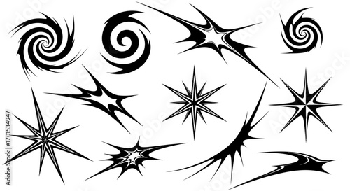 Collection of abstract starburst and swirl graphic elements with sharp edges, perfect for design accents